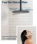 GRANDJOY 10" Ceiling Shower System with Handheld Spray, Matte Black, showing 10" rainfall head and person enjoying shower.