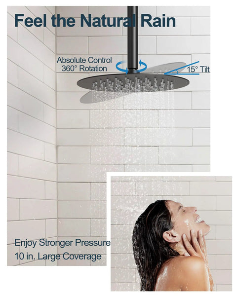GRANDJOY 10" Ceiling Shower System with Handheld Spray, Matte Black, showing 10" rainfall head and person enjoying shower.