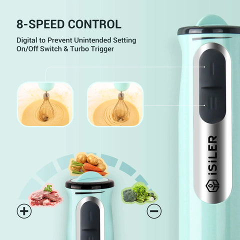 All-In-One 5-In-1 Immersion Hand Blender With 500W Power And Quick-Connect Attachments showing 8-speed control and turbo mode