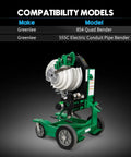 Rigged Up Greenlee 555C And 854 Quad Bender Electric Conduit Pipe Wire Puller shown with compatibility models on display.