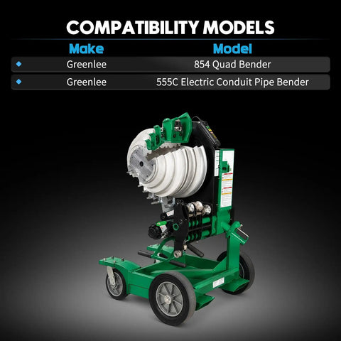 Rigged Up Greenlee 555C And 854 Quad Bender Electric Conduit Pipe Wire Puller shown with compatibility models on display.