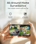 Hand holding phone displaying 4MP Wireless Outdoor Security Camera Solar Powered No Subscription PIR Detection 2.5K Color Night Vision feed