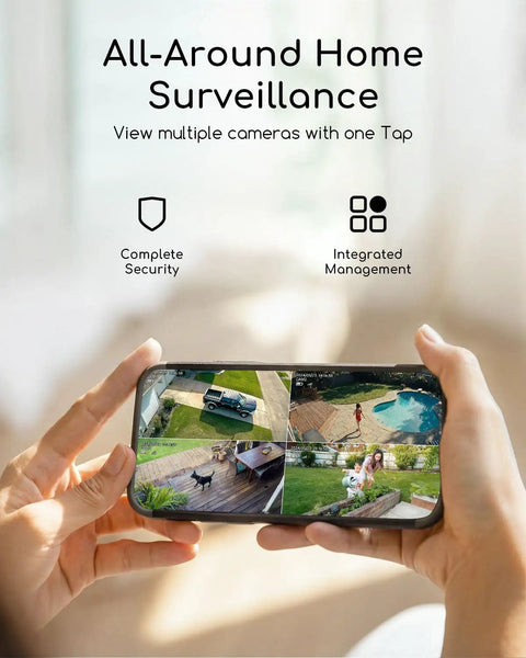 Hand holding phone displaying 4MP Wireless Outdoor Security Camera Solar Powered No Subscription PIR Detection 2.5K Color Night Vision feed