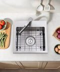 Top view of 15x15 Inch Bar Sink Drop In Topmount Stainless Steel Square Single Bowl Kitchen Sink with Grid and Drain.