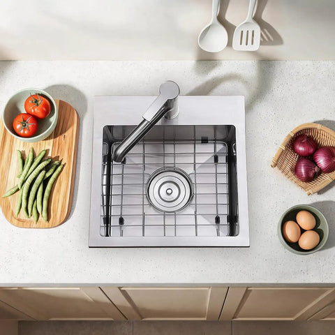 Top view of 15x15 Inch Bar Sink Drop In Topmount Stainless Steel Square Single Bowl Kitchen Sink with Grid and Drain.