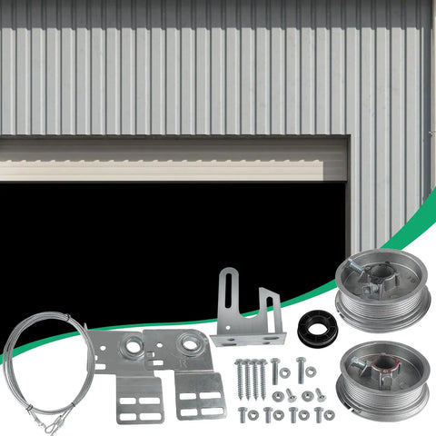 Garage Door Torsion Spring Conversion Kit For 7 Foot High Doors With Cable Rollers, brackets, hardware, and steel wire visible.