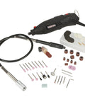 Pro Grade 107 Piece Rotary Multitool Kit With 35000 RPM Variable Speed Dial And All The Beast Mode Accessories shown on a work surface.