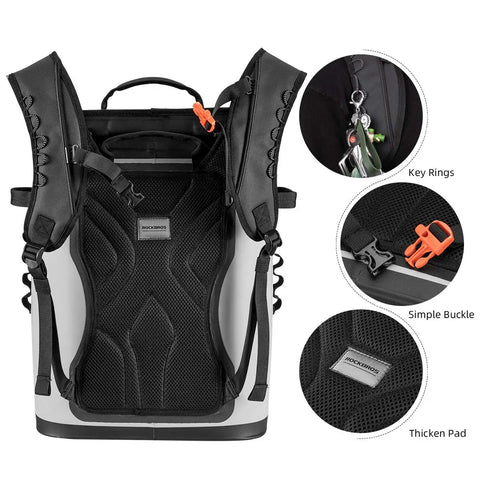 Back view of Leakproof Soft Sided Backpack Cooler For 36 Cans with padded straps and key rings, close-up on buckle and pad.