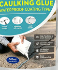 Caulking glue waterproof coating for sealing corner, window sill, and roof cracks, 500ml pack, being used on concrete surface.