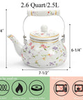 Vintage Floral Enamel Tea Kettle 2.6 Quart With Porcelain Handle displaying floral design and stovetop suitability