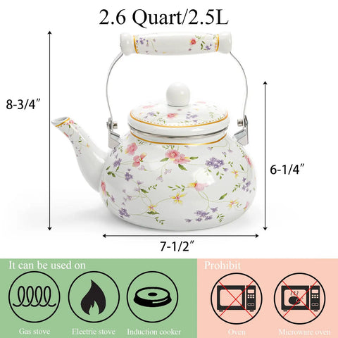 Vintage Floral Enamel Tea Kettle 2.6 Quart With Porcelain Handle displaying floral design and stovetop suitability