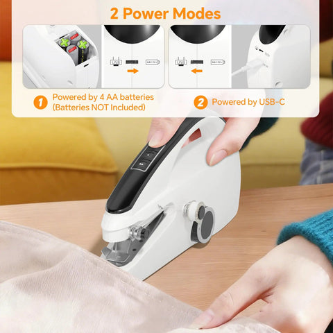 Using Portable Handheld Sewing Machine With Two Speeds Heavy Duty Mini Stitcher Kit on fabric with two power modes shown