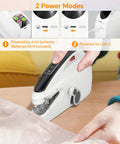 Handheld Heavy Duty Sewing Machine With Two Speeds Portable Mini Sewing Tool Kit in use on fabric, showing USB and battery power modes.