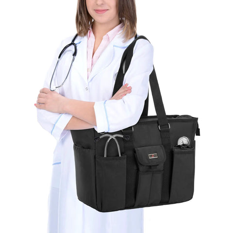 Nurse holding Workhorse Nurse Bag With 15.6 Inch Laptop Sleeve Fold Flat Bottom Pad For Safe Gear Large Main Compartment Tote