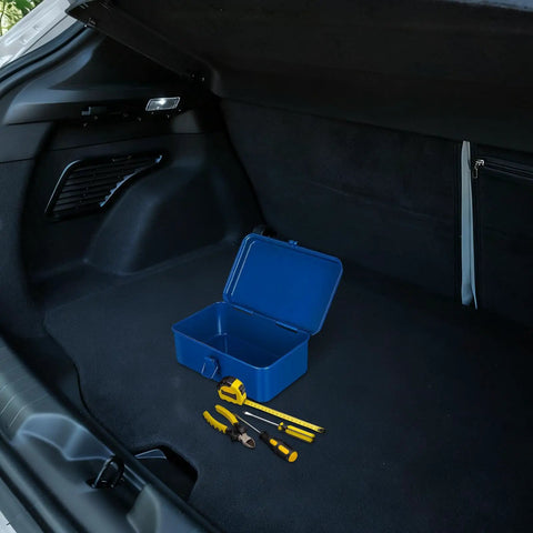 Premium Badass Heavy Duty Steel Toolbox With Secure Locking Lid For Garage Workbench And Car Trunk Storage in open trunk.