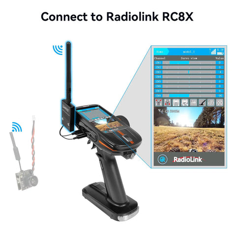5.8GHz 48 Channel FPV Wireless Image Transmission Receiver for RC8X Transmitters and Android Phones shown with display