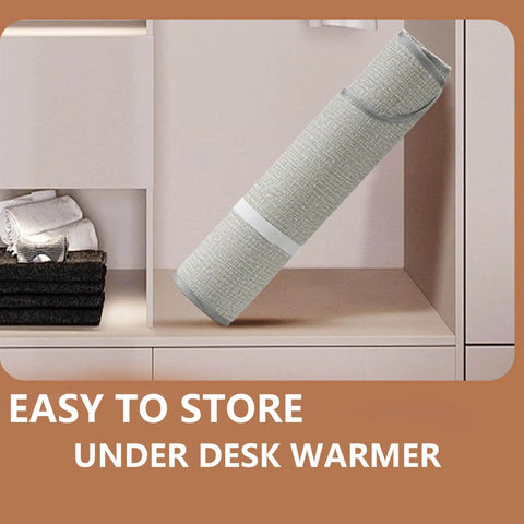 Rolled under desk foot warmer portable personal electric panel heater for office storage demonstration.