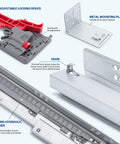 Heavy Duty Undermount Drawer Slides With Smooth As Butter Soft Close Hydraulics And Full Extension Pull Out Track showing adjustable locking device and mounting plate.