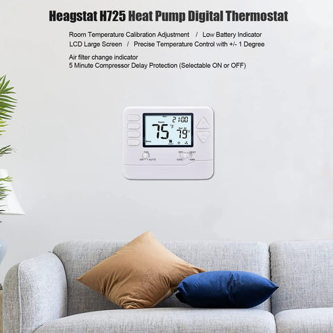 Interior view showing 5/1/1 Day Programmable Heat Pump Thermostat For 2H/1C Systems with Aux Emergency Heat on wall above sofa.