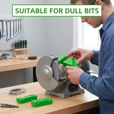 Top Grade Knockout Drill Bit Sharpening Jig Kit With Three Adjustable Angle Blocks For Bench Grinders And No Sweat Woodworking Tool Restoration Workflows Shop Side being used on a bench grinder.