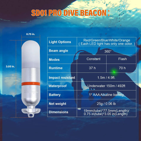 SD01PRO Upgraded Bright Dive Signal Light Submersible Beacon Mini Tank Marker for scuba diving details display