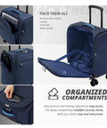 Underseat Luggage With Wheels Softside Carry On Spinner Bag Fourteen Point Five Inch Navy 28L showing organized compartments