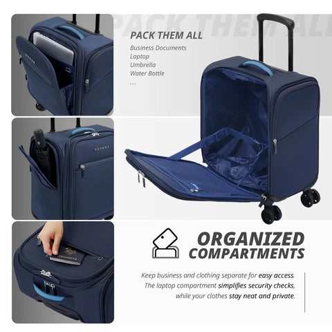 Underseat Luggage With Wheels Softside Carry On Spinner Bag Fourteen Point Five Inch Navy 28L showing organized compartments