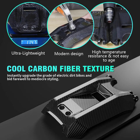 Carbon Fiber Battery Cover For Surron LBX And Sur Ron Light Bee X Electric Dirt Bike Black Shield Heavy Duty Battery Lid Guard Wrap with design features and weight shown