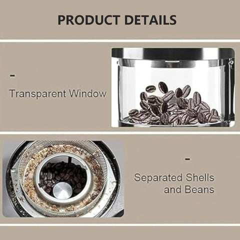 Electric Coffee Bean Roaster With Dual Roast And Cool Functions Automatic Hot Air Burner For Fresh Morning Brews showing transparent window and separated shells from beans.