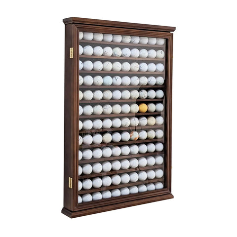 Roomy 120 Ball Golf Ball Display Case With UV Protection And Lockable Beech Wood Cabinet In Walnut Finish Ideal For Collectors And Golfers