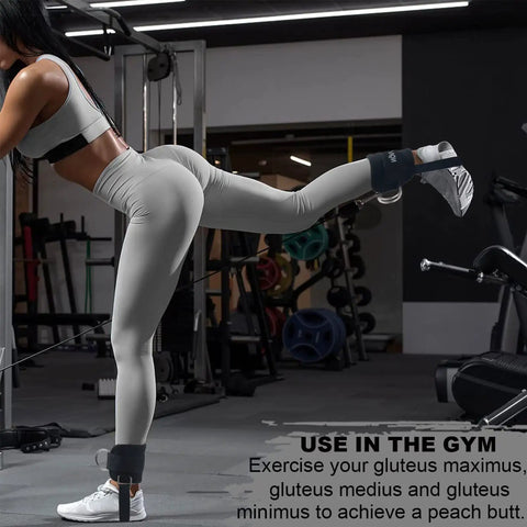 Woman using Adjustable Ankle Straps for Cable Machines Built For Kickbacks and Glute Workouts in gym setting