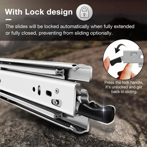 12-Inch Drawer Slides With Lock, Silver Finish, Heavy-Duty Steel Rails For Smooth, Quiet Full-Extension Opens, Easy Install, Ideal For Kitchen Cabinets, Tool Chests, Desks, And DIY Upgrades. Lock handle shown on silver steel drawer slide.