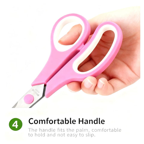 Three Pack Colorful 8 Inch Stainless Steel All Purpose Scissors With Go-To Ultra Sharp Blades And Comfort Grip Handles In Green Purple Orange For School Office Home Sewing Craft Projects. Pink comfort grip scissors held in hand