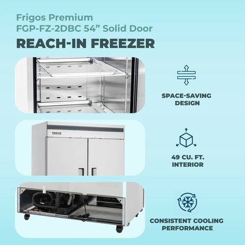 54 Inch Bottom Mount Double Door Commercial Reach In Freezer 49 Cubic Feet Stainless Steel Restaurant Workhorse Built Tough For Serious Kitchen Hustle With Zero Sweat Setup interior shelves and exterior.