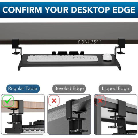 Under Desk Keyboard Tray Pull Out With Sturdy Adjustable C Clamp Mount System 32.5 Inch Clamp Span 27.3 Inch Platform By 11 Inch Slide Out For Typing Space Saver Black, shown with different desktop edge compatibility.