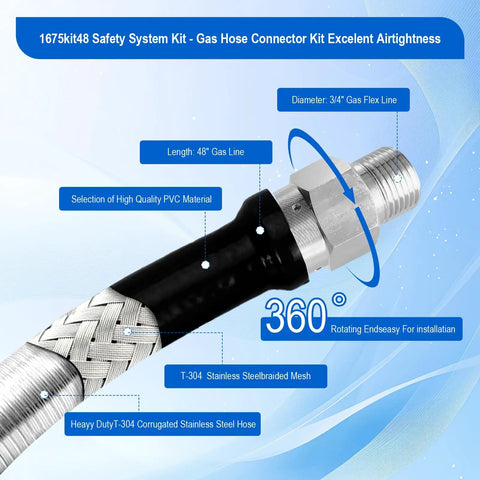 Rock Solid 48 Inch Commercial Gas Hose Connector Kit With 3/4 Quick Disconnect And Full Port Shut Off Valve close-up of connector and hose design.