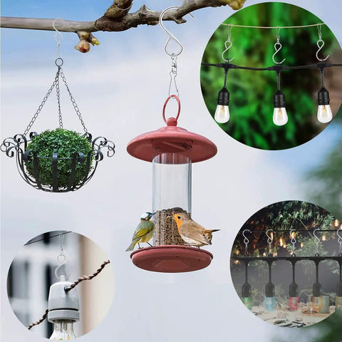24 Piece Swivel Clip Hanging Hooks With Dual Rotation And Spiral S Shape Design Includes Sturdy Plastic Storage Bin For Zero Fuss Home Organization That Works Like A Charm, featuring hanging plants and bird feeder.