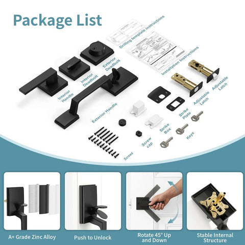 Heavy Duty Matte Black Front Door Lock Set With Deadbolt Modern Exterior Door Handle Reversible package contents overview