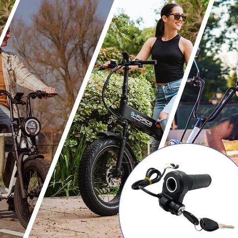 Top Shelf Rubber Twist Throttle Grip With Two Keys Waterproof Ebike Accelerator Handle And Speed Controller view with bikes and key.