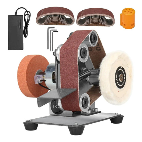 Mini Electric Belt Sander For DIY Polishing And Grinding with sanding belts and foam wheel, compact multifunctional power tool.