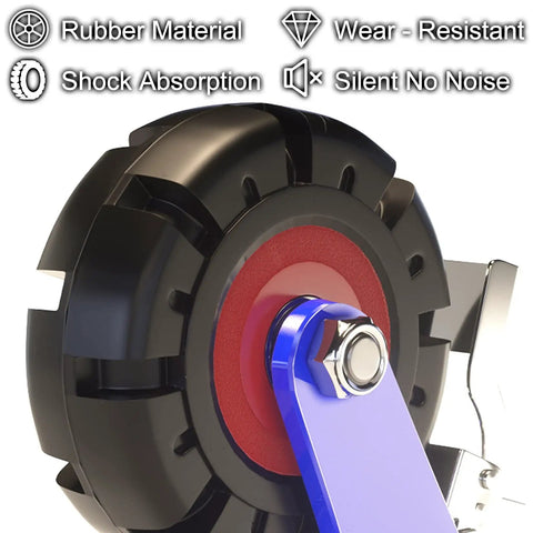 Heavy Duty Swivel Caster Wheels Set Of 4, showing rubber wheel with shock absorbing design and dual locking mechanism.