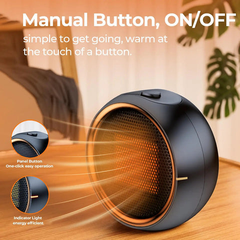 Portable 500W PTC Ceramic Space Heater For Indoor Use, Quiet Fast Heating, black compact design with manual button