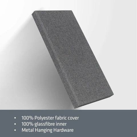 Pro Grade 2 Inch Thick Fiberglass Acoustic Panels With No Fuss Wall Hardware Two Pack Heather Grey on wall with polyester cover.