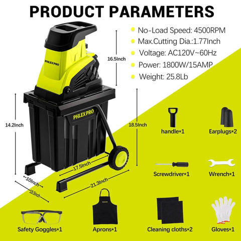 Diagram of Powerful 15 Amp Electric Wood Chipper Shredder With 50L Collection Bin And 1.8 Inch Cutting Diameter, showing dimensions and accessories.