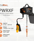 Top Rated Variable Speed Electric Chain Hoist 120 Volt Single Phase Lifting Machine One Quarter Ton 550 Pound Capacity with pendant remote.