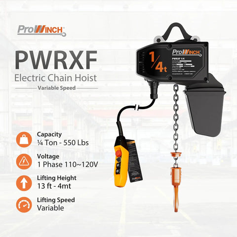Top Rated Variable Speed Electric Chain Hoist 120 Volt Single Phase Lifting Machine One Quarter Ton 550 Pound Capacity with pendant remote.