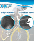 20 Inch Bicycle Inner Tube For 20 X 2.5 To 3.0 Tires With 33mm Schrader Valve, shown with butyl rubber detail and valve close-up.