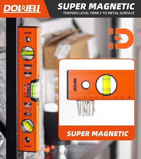 Pro Grade 12 Inch Magnetic Torpedo Level With Dead On Precision Green Acrylic Vials Heavy Duty Aluminum Frame And Shock Absorbing Rubber End Caps for professional use on metal surfaces.