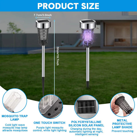 4 Pack Solar Bug Zapper Outdoor Waterproof Mosquito Killer Lamp With LED Light For Garden Patio Yard Purple Light Silver Auto On At Dusk And Off At Day Safety Net And Anti Leakage with dimensions and features displayed