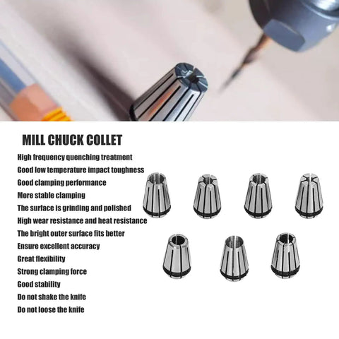 Pro Grade Seven Piece ER Spring Collet Set 1.0mm To 7.0mm For CNC Milling And Drilling, high precision collets displayed close-up